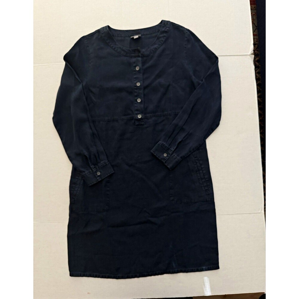 J Jill Blue Tencel Shift Dress M Long Sleeve Button Front Pockets Knee Length